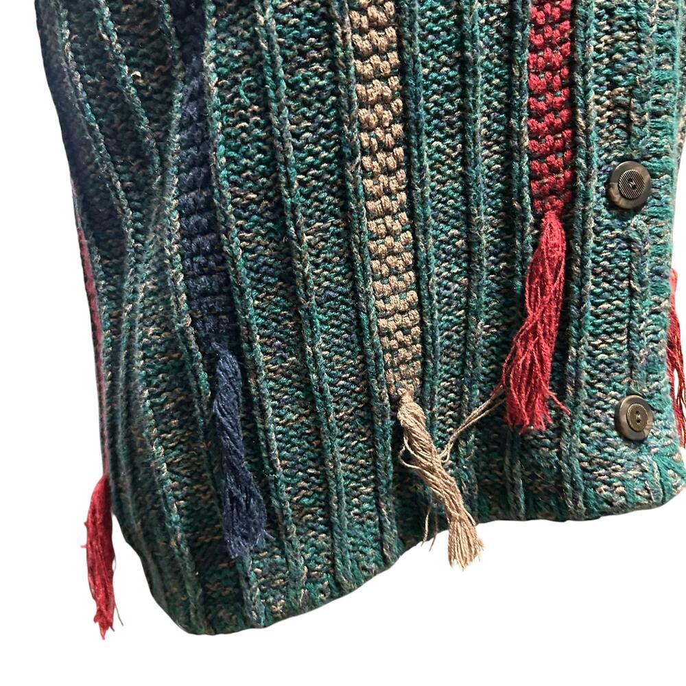 Vintage 90s Green Stripe Ramie Tassel Sweater Vest Cottagecore M Grandpacore - Picture 8 of 16